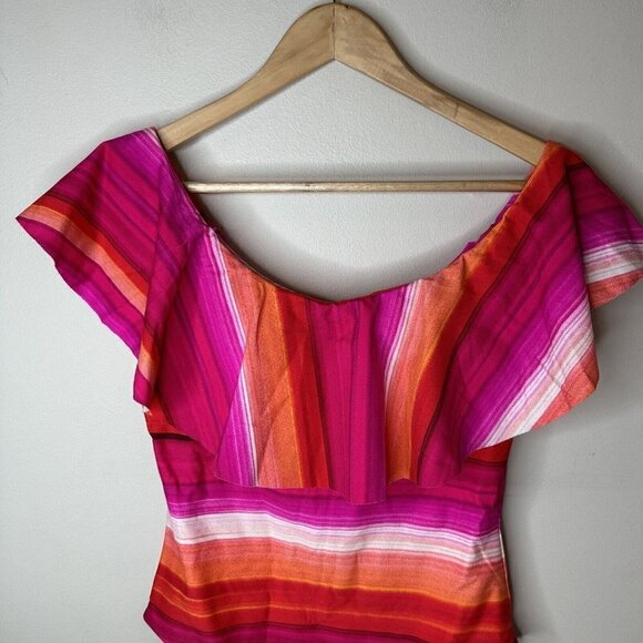 NEW Trina Turk Womens Pink Striped Ruffles Off Shoulder Swimsuit $184 Size 10 - Picture 6 of 15